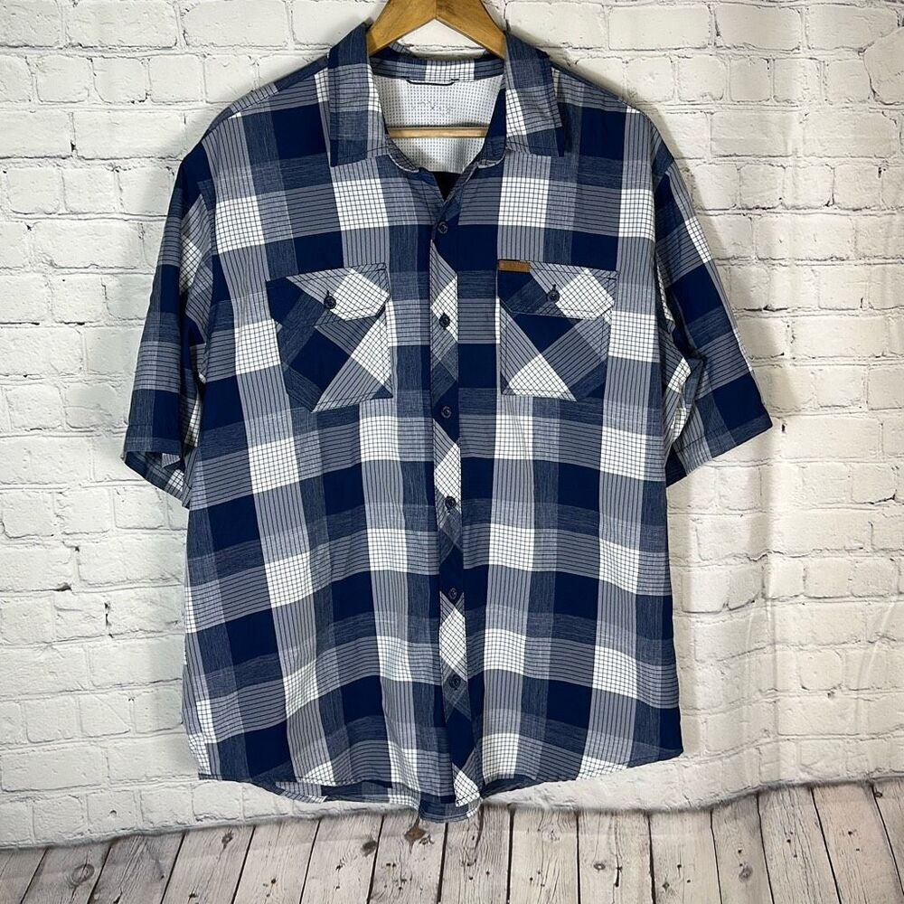 Orvis Woven Tech Blue White Plaid Short Sleeve Shirt size XXL